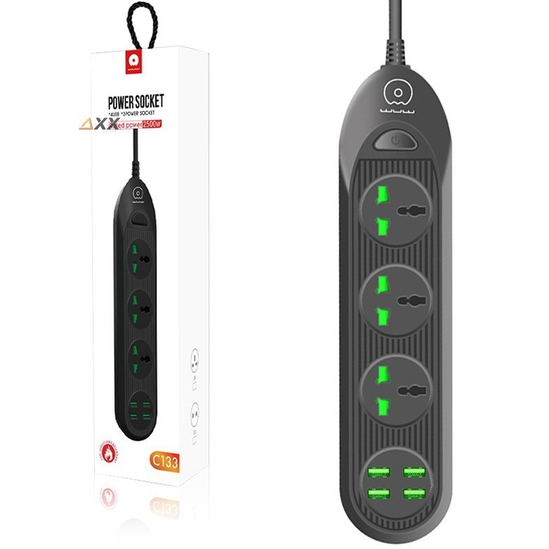 Мережевий фільтр подовжувач 2м 3 розетки 220V 4 usb 2.1A WUW C133