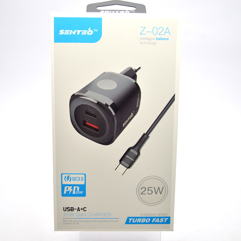 Мережевий зарядний пристрій SENTEO Z-02A GaN 25W+QC3.0 з кабелем Type-c to Type-c Black
