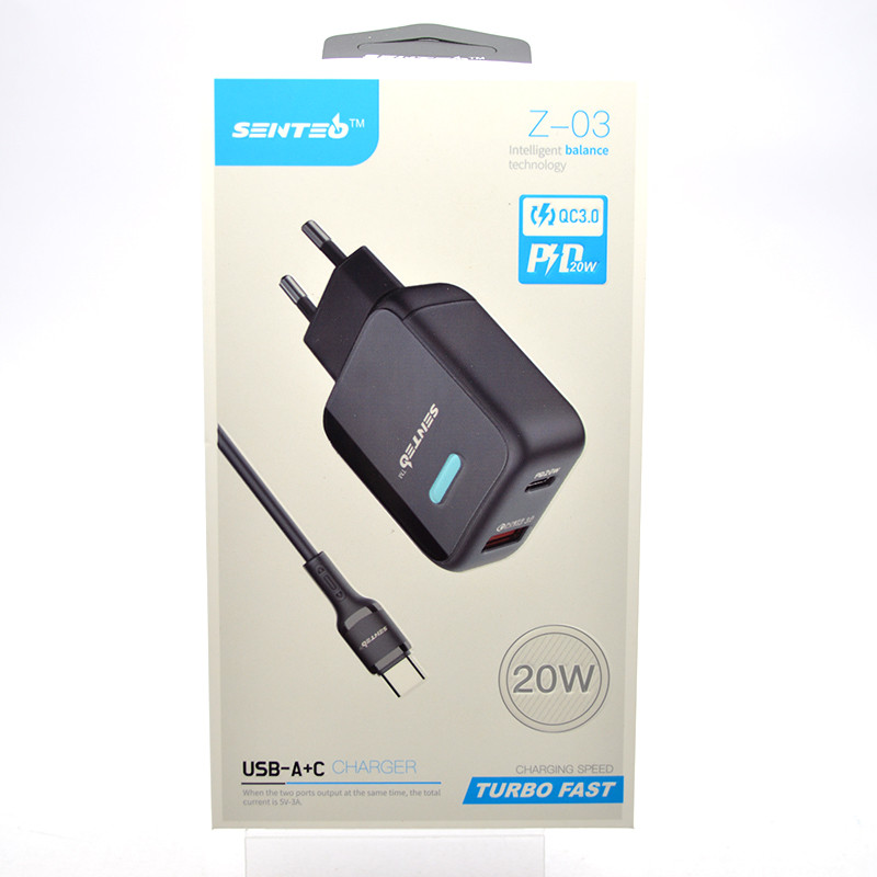 Мережевий зарядний пристрій SENTEO Z-03 PD20W+QC3.0 з кабелем Type-c to Type-c Black