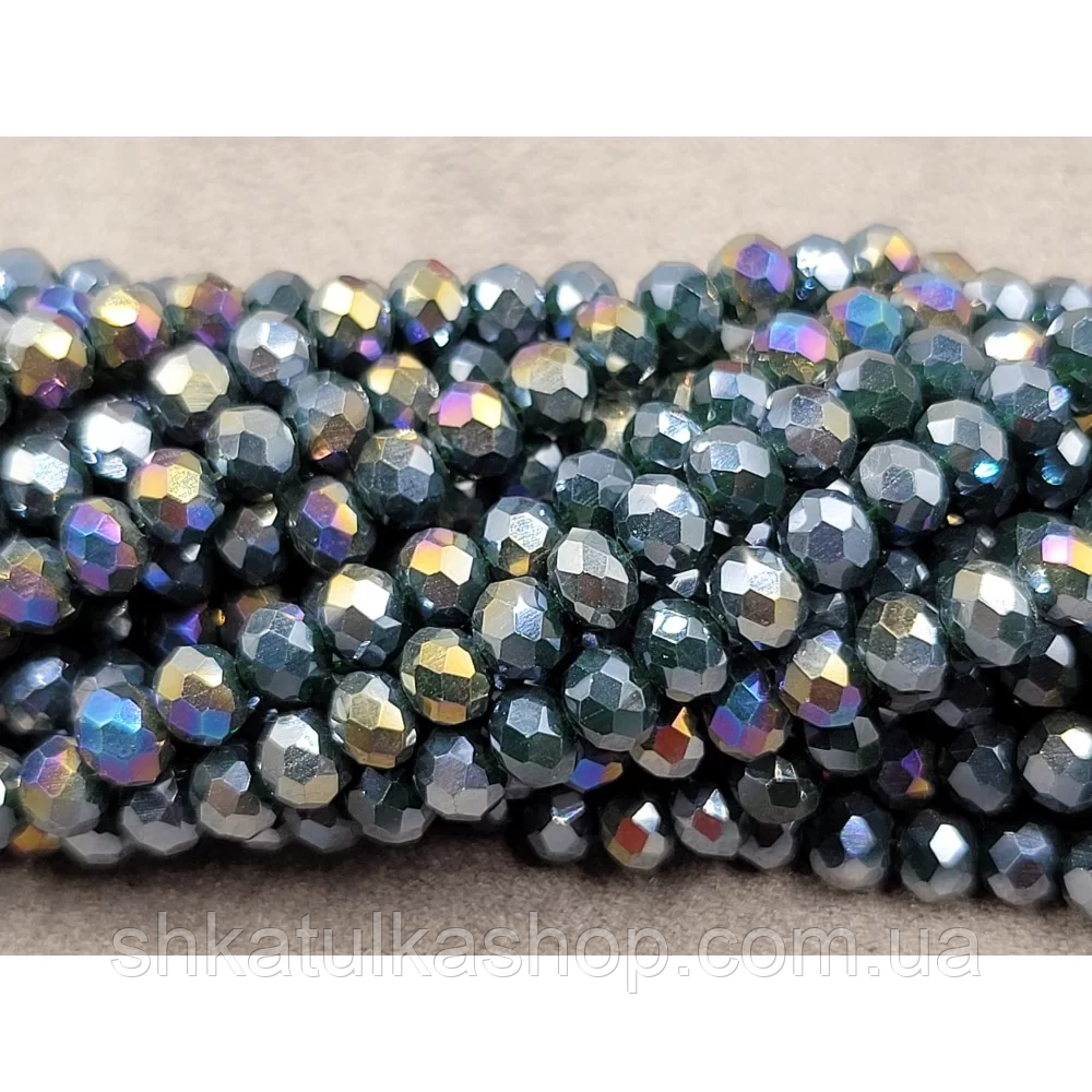 Намистини кришталеві рондель 4х3мм, темно-зелений матовий з переливом, фото 1