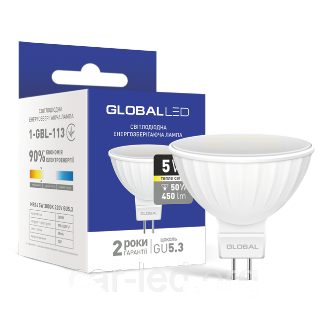 LED-лампа GLOBAL MR16 5W м'яке світло 220 V GU5.3 (1-GBL-113) (NEW)