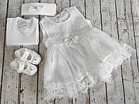 Набор для крещения девочки 62р Белое праздничное платье, боди, пинетки и повязка ff