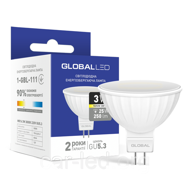 LED-лампа GLOBAL MR16 3W м'яке світло 220 V GU5.3 (1-GBL-111) (NEW), фото 1
