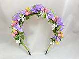 Віночок на голову ручної роботи з бузково рожевими квітами, фото 6