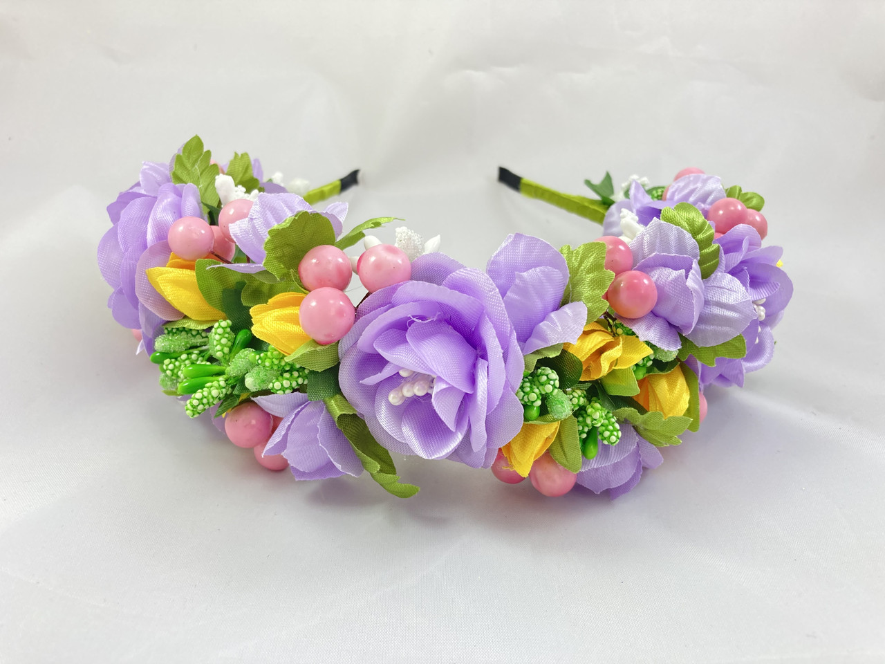 Віночок на голову ручної роботи з бузково рожевими квітами, фото 1