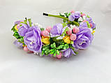 Віночок на голову ручної роботи з бузково рожевими квітами, фото 4