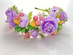Віночок на голову ручної роботи з бузково рожевими квітами
