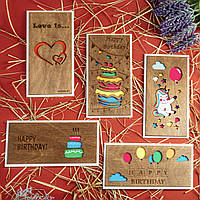 Набор открыток Primax-art - 5 шт, "Love is..., Happy Birthday, Единорожка" из дерева 19,5*10 см