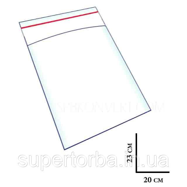 Пакет поліпропіленовий прозорий зі скотчем розмір 20х32,5+4 щільність 25мкр 1000шт/уп., фото 1