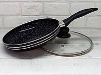 Сковорода с крышкой 26 см темный мрамор UNIQUE UN 5165 | Антипригарная сковорода | Мраморная сковорода
