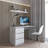 Компьютерный стол с шухлядами, письменный стол с тумбой на три выдвижных ящика c фасадами без ручек. код R-13 Бетон \ Белый фасад