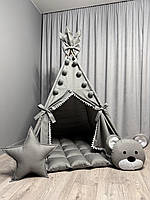 Вігвам Ведмежа на сірому БОНБОН Повний комплект, вігвам дитячий, вігвам для хлопчика, вігвам для дітей, дитяча палатка