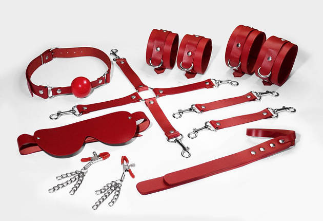 Набір Feral Feelings BDSM Kit 7 Red, наручники, поножи, конектор, маска, паддл, кляп, затискачі, фото 1
