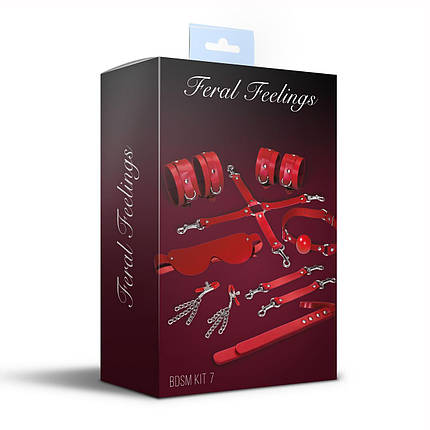 Набір Feral Feelings BDSM Kit 7 Red, наручники, поножи, конектор, маска, паддл, кляп, затискачі, фото 3