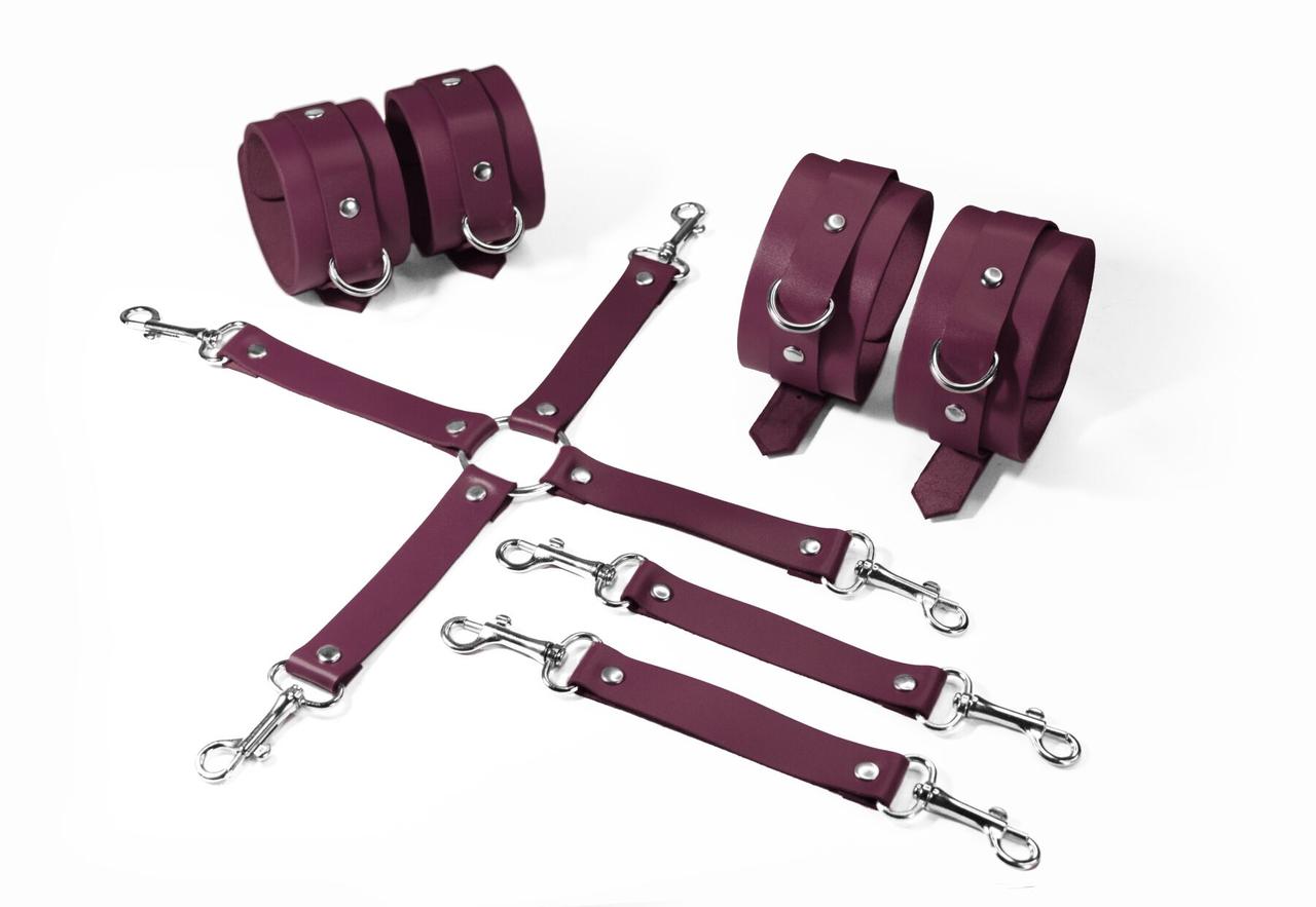 Набір Feral Feelings BDSM Kit 3 Burgundy, наручники, поножи, конектор