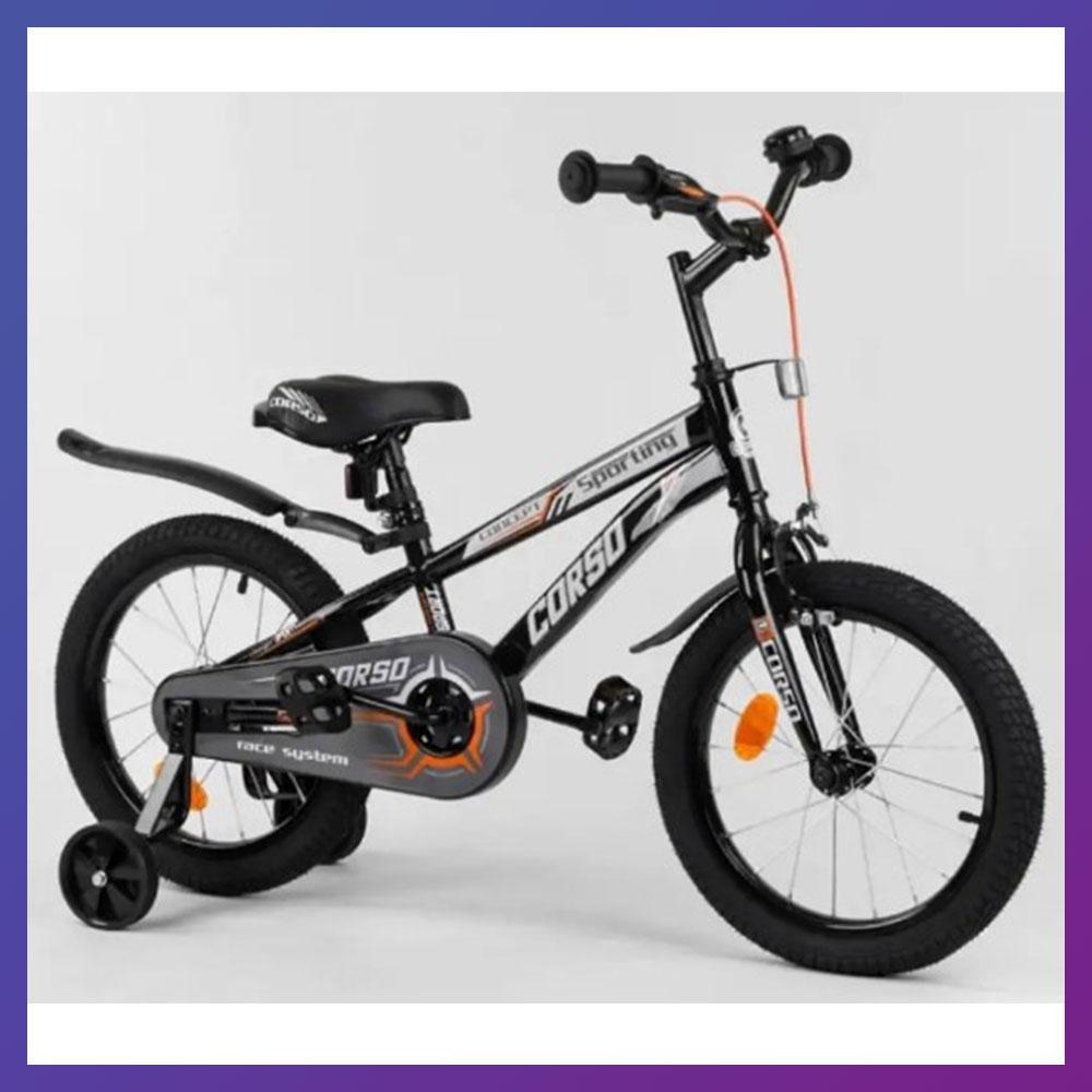 Велосипед дитячий двоколісний Corso R-16317 16" зріст 100-120 см вік 4 до 7 років чорно-сірий