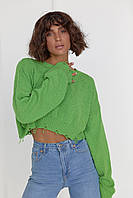 Женский зеленый короткий стильный джемпер с рваными краями M, Осень, зеленый