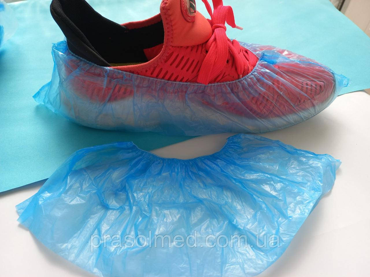 Бахіли поліетиленові одноразові нестерильні щільність  3,5г, БЛАКИТНІ паковка 50пар, фото 1