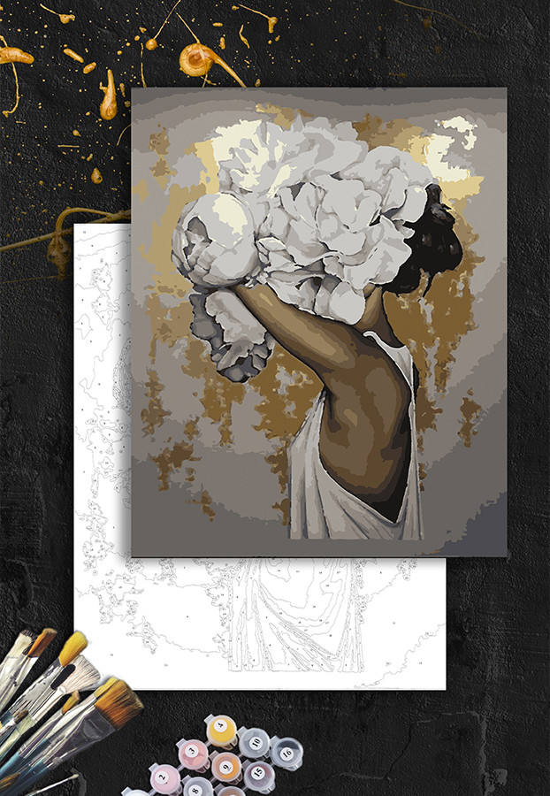 Картины по номерам 40*50 "Девушка с пионами" №0621G, золотая краска ...