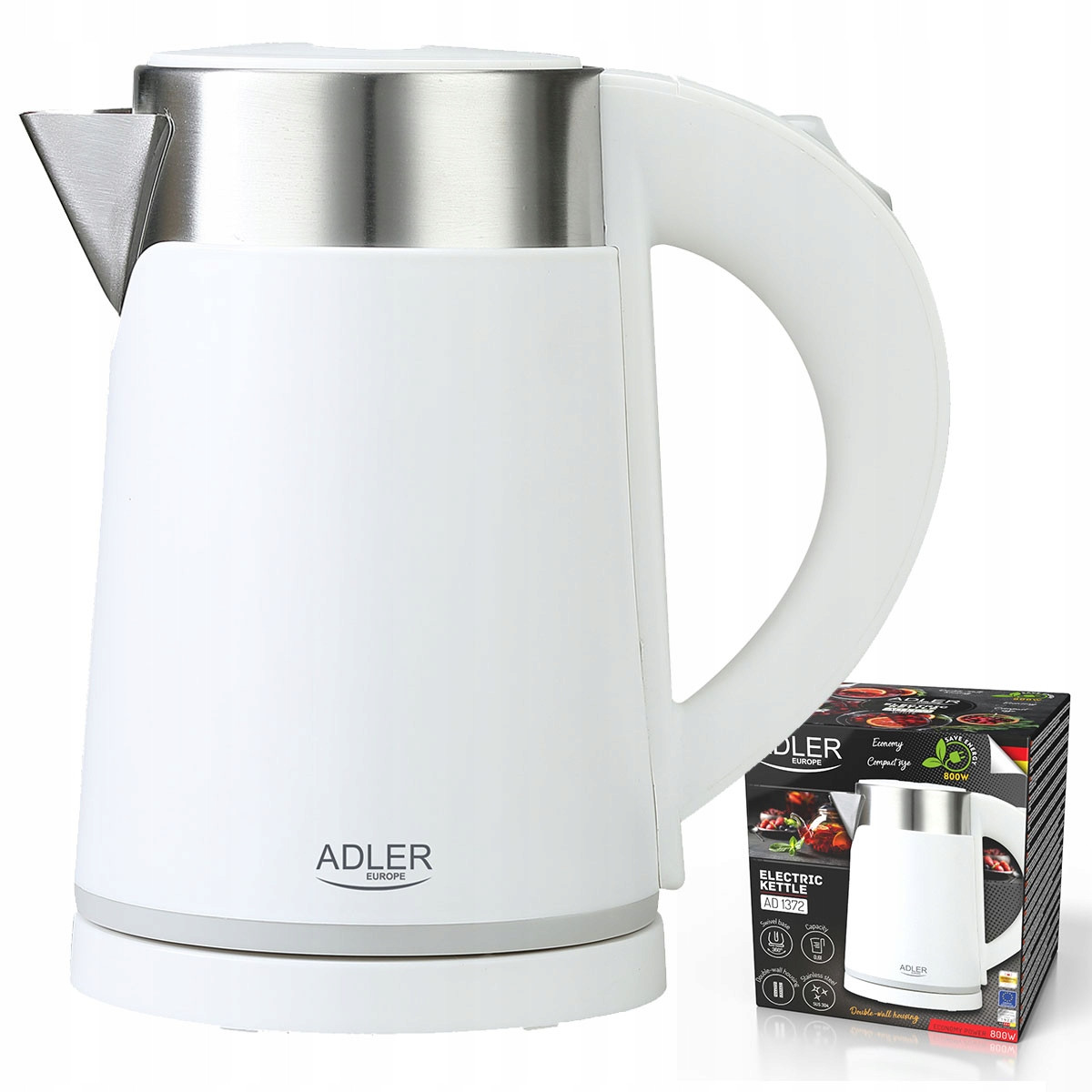 Електрочайник Adler AD 1372 white — 0.6 л, 800 Вт, подвійні стінки, нержавіюча сталь, фото 1