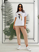 Брючний костюм ( брюки і блуза з поясом), є великі розміри, арт 453, колір кава з молоком / мокко