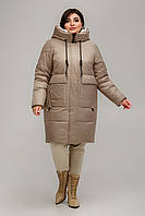 Елегантний жіночий пуховик пальто Гамбург кольору капучіно, для пишних форм