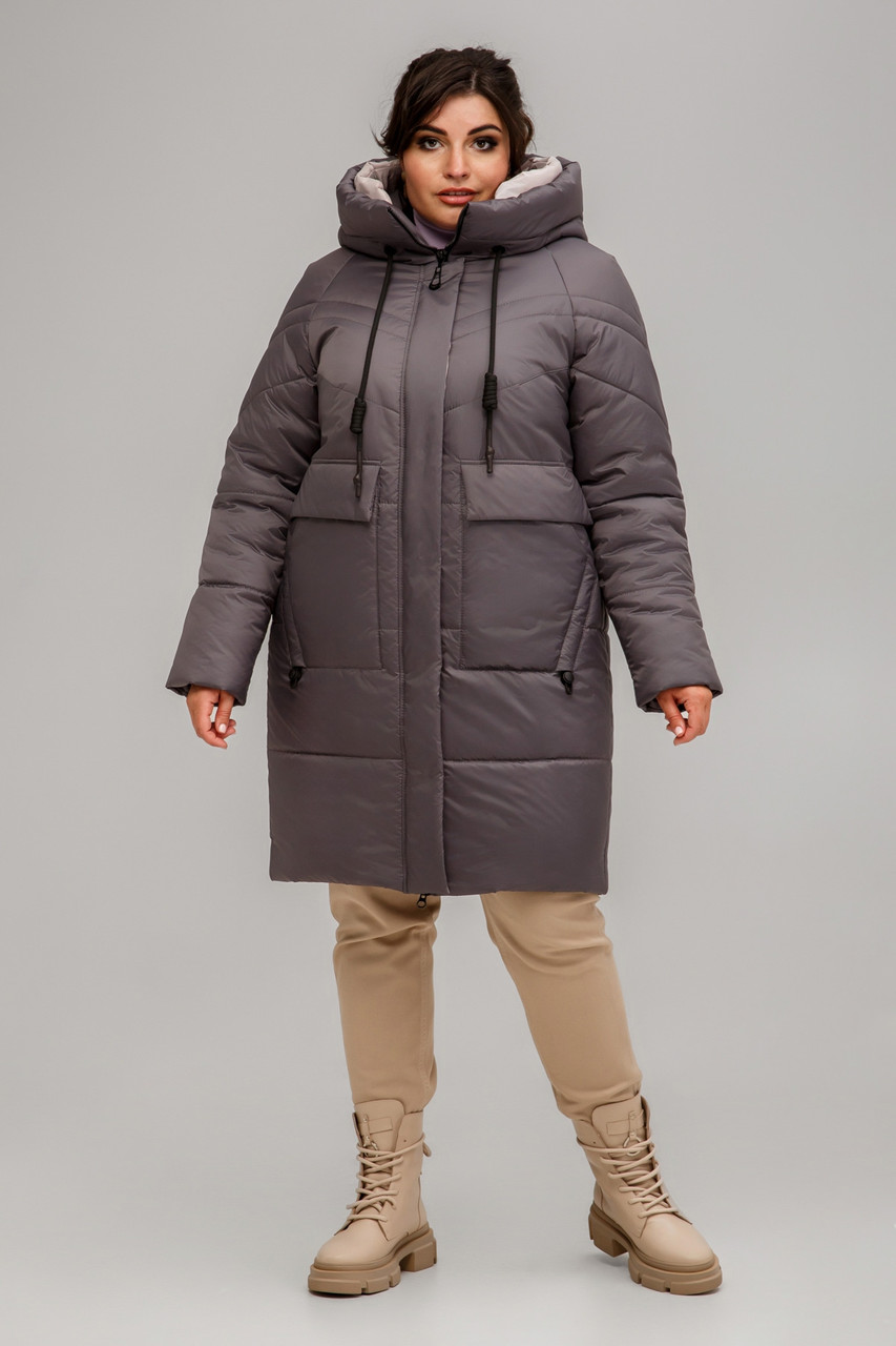 Стильний жіночий пуховик пальто Гамбург кольору мокко, великі розміри, фото 1