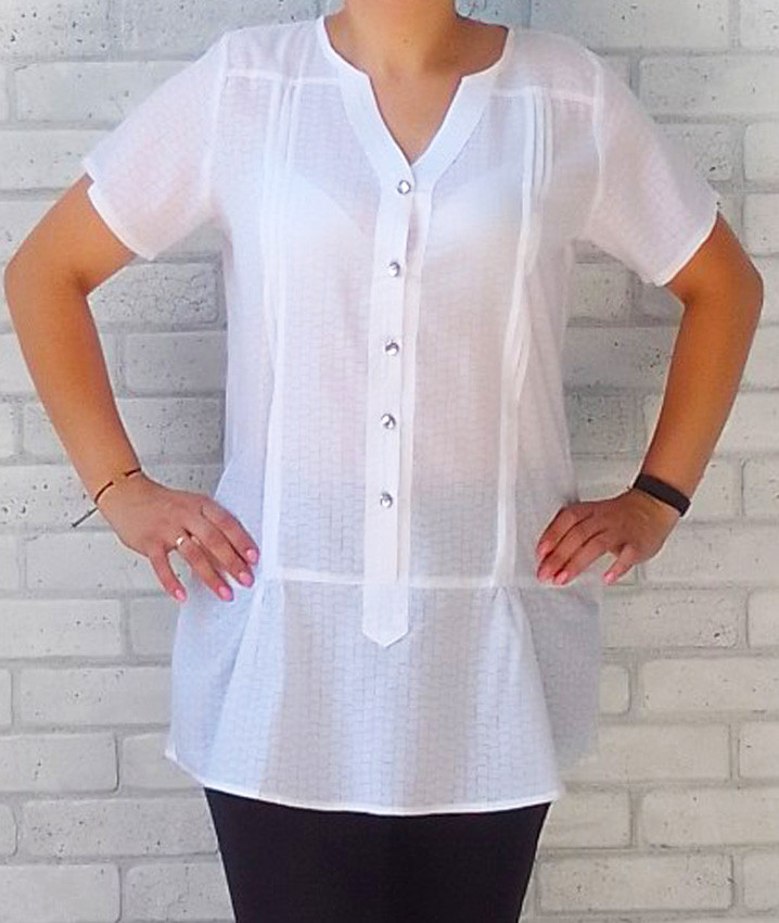 Легка жіноча подовжена сорочка — туніка біла, футболка блуза з коротким рукавом жіноча котон