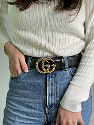 Жіночий ремінь Гуччі чорний пояс Gucci Marmont Leather Belt Diamond Gold