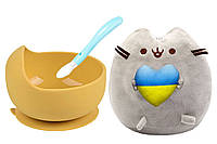 Мягкая игрушка Пушин кэт Pusheen cat S&T с сердцем, глубокая тарелка Y28 и силиконовая ложка Голубая (v-10551)