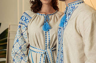 Чоловіча вишиванка біла великих розмірів з традиційною блакитною вишивкою орнаменту довгий рукав, фото 4