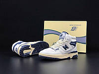 Мужские качественные стильные демисезонные высокие кроссовки New Balance 650 белые с синим кожа , прошитые