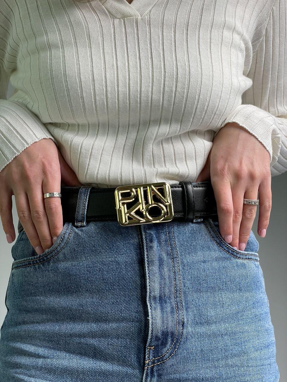 Жіночий ремінь Пінко чорний пояс Pinko Text Leather Belt Black/Gold, фото 1