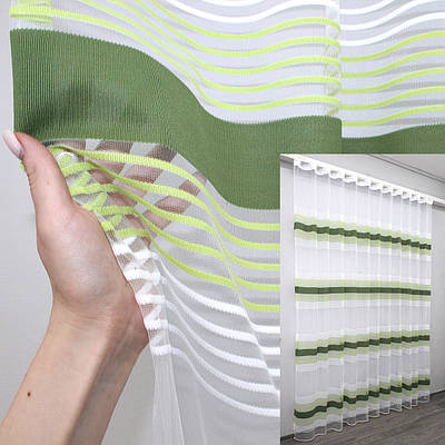 Тюль фатин полоси, колекція "Терція". Колір білий з салатовим та оливковим. Код 1308т