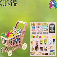 Игровой набор продуктовая тележка для детей с игрушечными деньгами и терминалом (52 Предмета) Розовый.