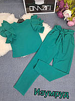 Комплект зеленый блуза с брюками нарядный для девочки подростка. Школьный костюм для девочки подростка