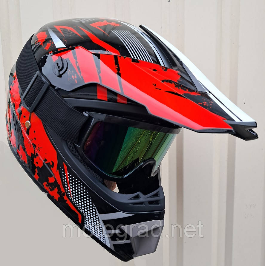 Кросовий мото шолом Racing Red Gloss з окулярами в комплекті, фото 1