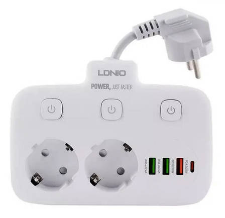 Мережевий фільтр LDNIO SE2435 подовжувач 2 розетки 3 USB 1 Type-C Білий, фото 1