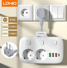 Мережевий фільтр LDNIO SE2435 подовжувач 2 розетки 3 USB 1 Type-C Білий, фото 4