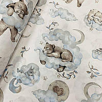 Хлопковая ткань польская спящие медведь, зайчик и белочка на облаках в серо-голубых тонах на белом (0519)