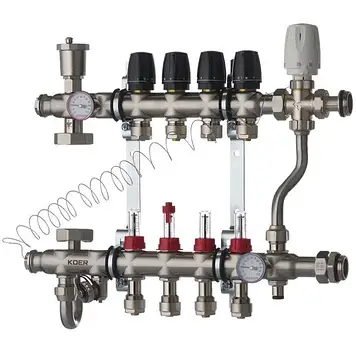 Колектор Koer KR.S1013-04 з вбудованим змішувальним вузлом 1"х4 SUS304 і евроконусами 3/4-16 з підключенням до