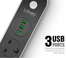 Мережевий фільтр LDNIO SC3301 подовжувач 1.6 м 3 розетки 3 USB Сіро - чорний, фото 3