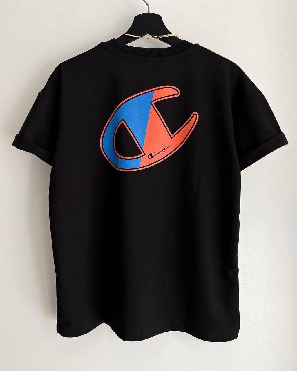 Чоловіча футболка оверсайз Champion чорна з принтом бавовняна Теніска Чемпіон на літо, фото 1