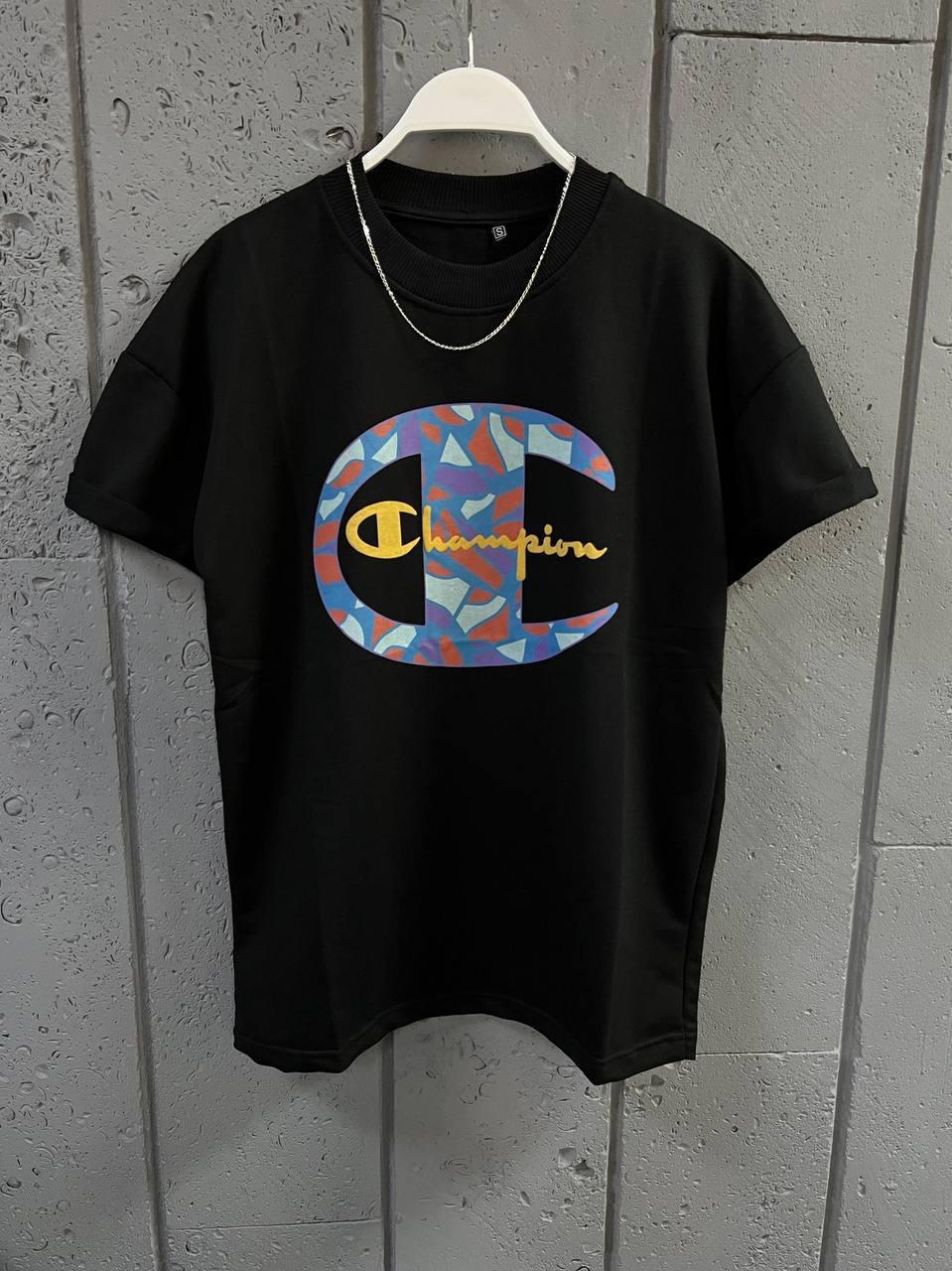 Чоловіча футболка оверсайз Champion чорна з принтом бавовняна Теніска Чемпіон на літо, фото 1