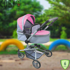 Велика коляска-трансформер для ляльок 2 в 1, з регульованою двосторонньою ручкою й кошиком для зберігання.