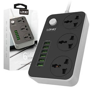 Мережевий фільтр LDNIO SC3604 подовжувач 2 м 3 розетки 6 USB із захистом Сіро-чорний, фото 1