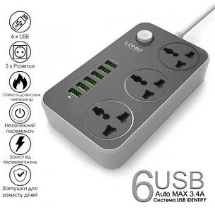 Мережевий фільтр LDNIO SC3604 подовжувач 2 м 3 розетки 6 USB із захистом Сіро-чорний, фото 3
