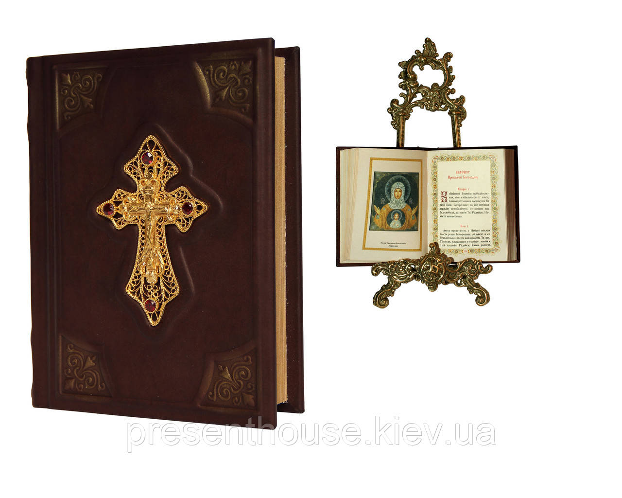 Книга шкіряна Православний молитвослов з хрестом у філіграні покритої золотом і гранатами, фото 1