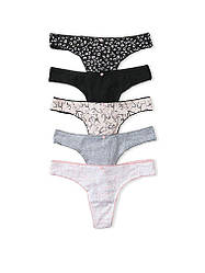 Бавовняні Трусики Стрінги Victoria's Secret Cotton Thong Panties, Набір 5 шт, Різні кольори (Сірі) XS