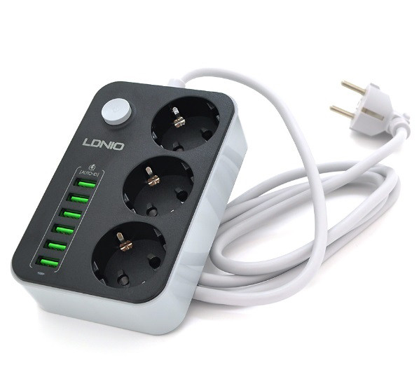Мережевий фільтр LDNIO SE3631 подовжувач 1.6 м 3 розетки 6 USB Чорно-білий